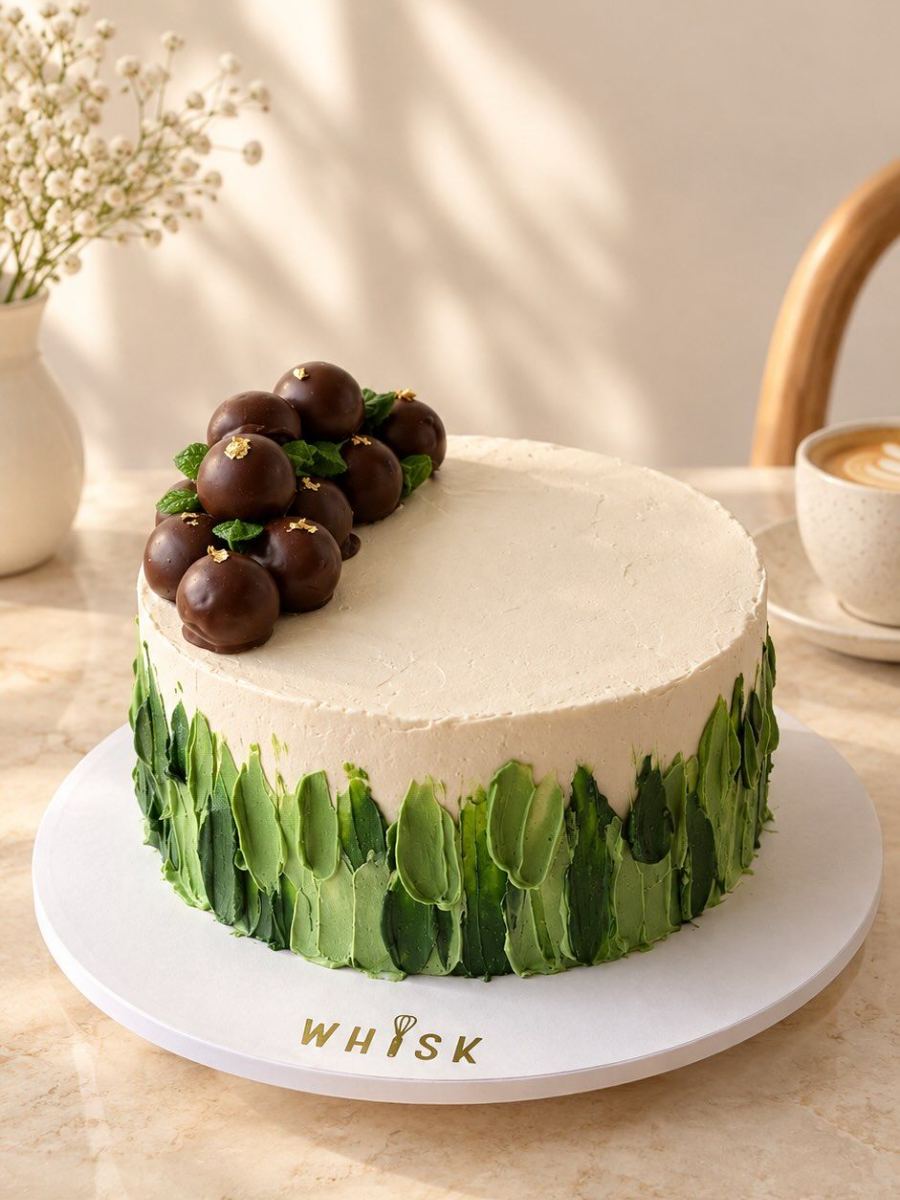 Torta blanca con base de hojas verdes pintadas a espátula y trufas de chocolate encima