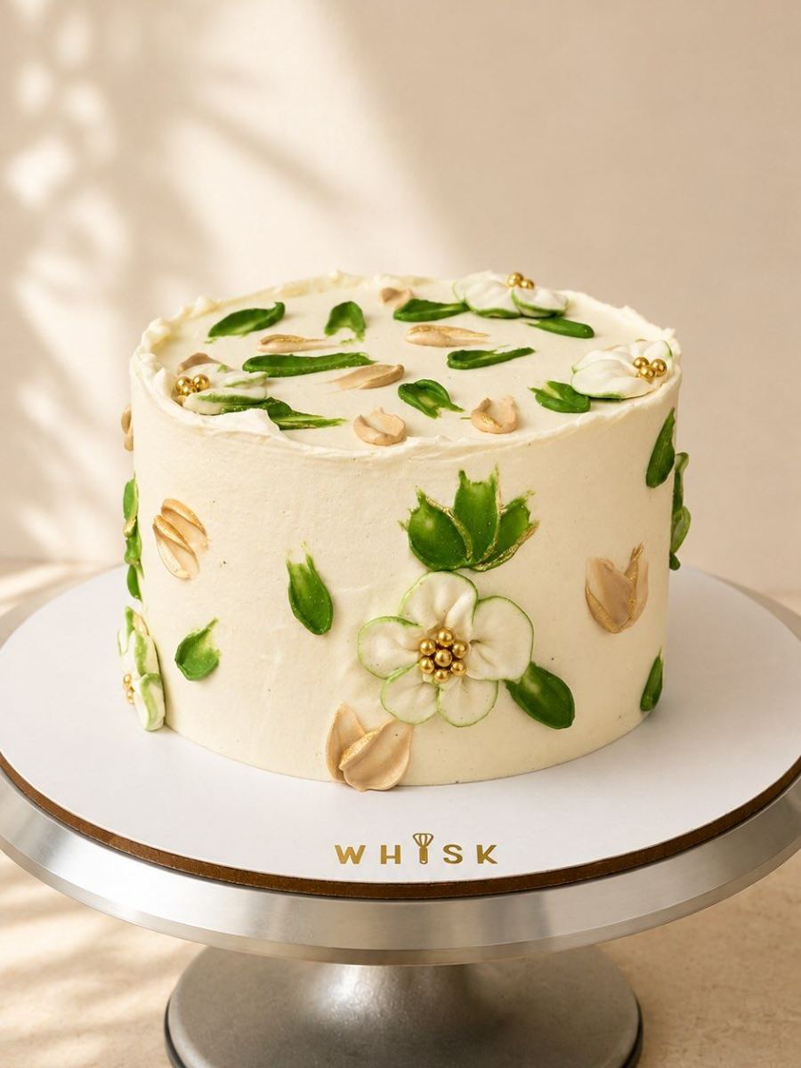 Torta blanca con flores blancas, hojas verdes y almendras pintadas a mano